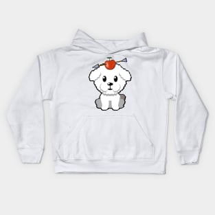 Cute furry dog has an apple and arrow on head Kids Hoodie